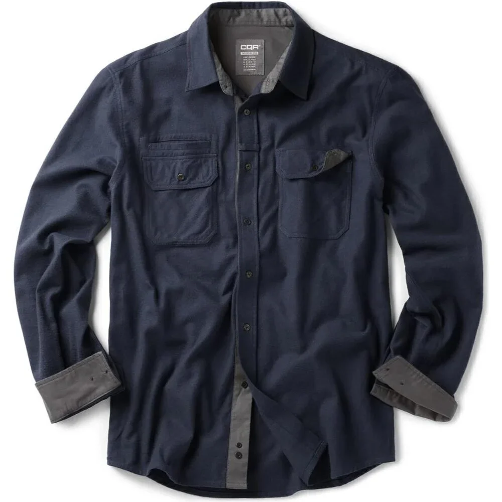 🆕Mens Solid Navy Cotton Flannel Shirt Long Sleeve Casual Outdoor Plaid